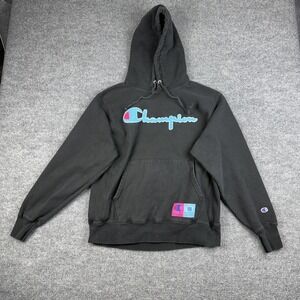 Champion Reverse Weave Hoodie Mens Medium Black Chenille Logo Fleece Sweatshirt